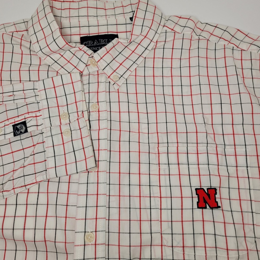 Crable Nebraska Cornhuskers Shirt Mens XXL White Red Check Excellent Logo Button
